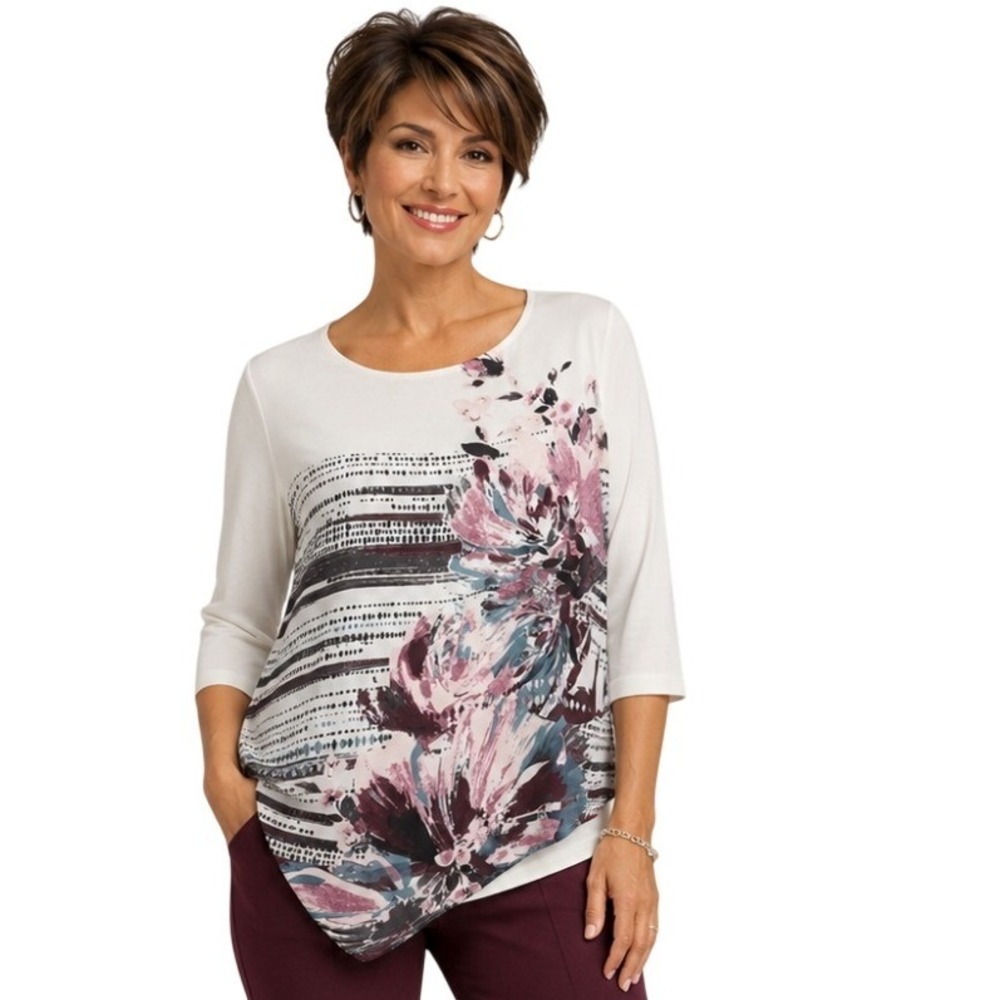 Chico's Easywear Floral Layered Top‎ Women 1 (M/8) White Asymmetrical Hem 20249